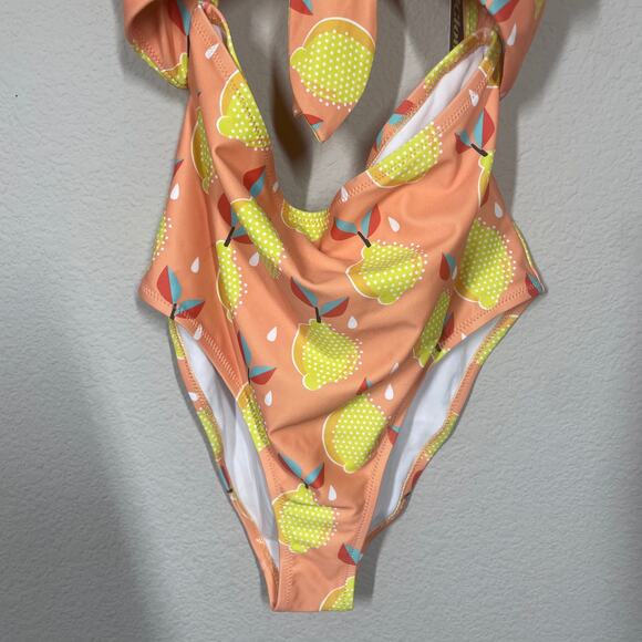 ModCloth Plus 1X The Siena One-Piece Swimsuit Pink Yellow Fruit Print Bow Front - Picture 6 of 10